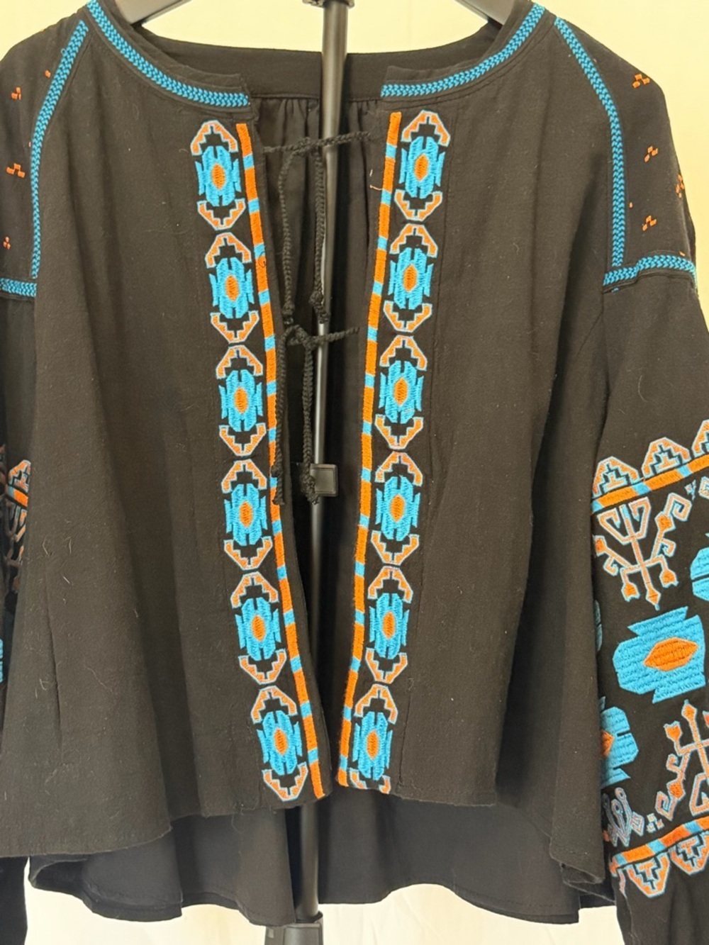 Free People Embroidered Tie-Front Boho Jacket Southwestern Puff Sleeve Black - Picture 8 of 12